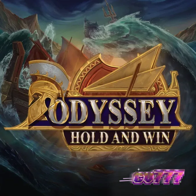Tampilan antarmuka permainan slot Odyssey Hold and Win dengan tema mitologi Yunani.
